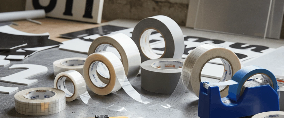 Adhesive tapes used in sign making for fixing vinyl graphics, panels, and display boards securely.