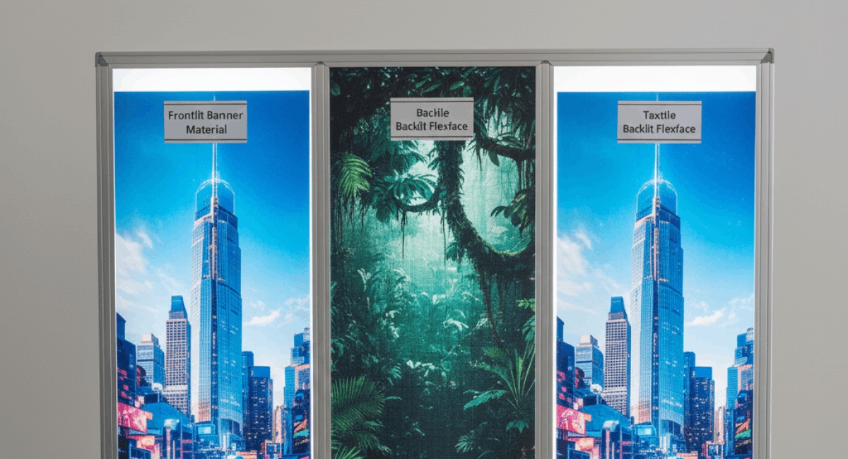 “Comparison of frontlit and backlit banner materials showing printed frontlit blackback textile and glowing LED backlit banners for outdoor advertising.”