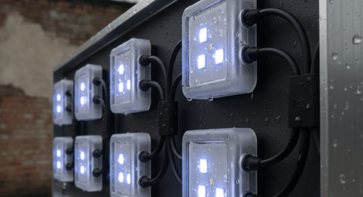 Waterproof LED modules installed inside an outdoor sign for bright and even lighting