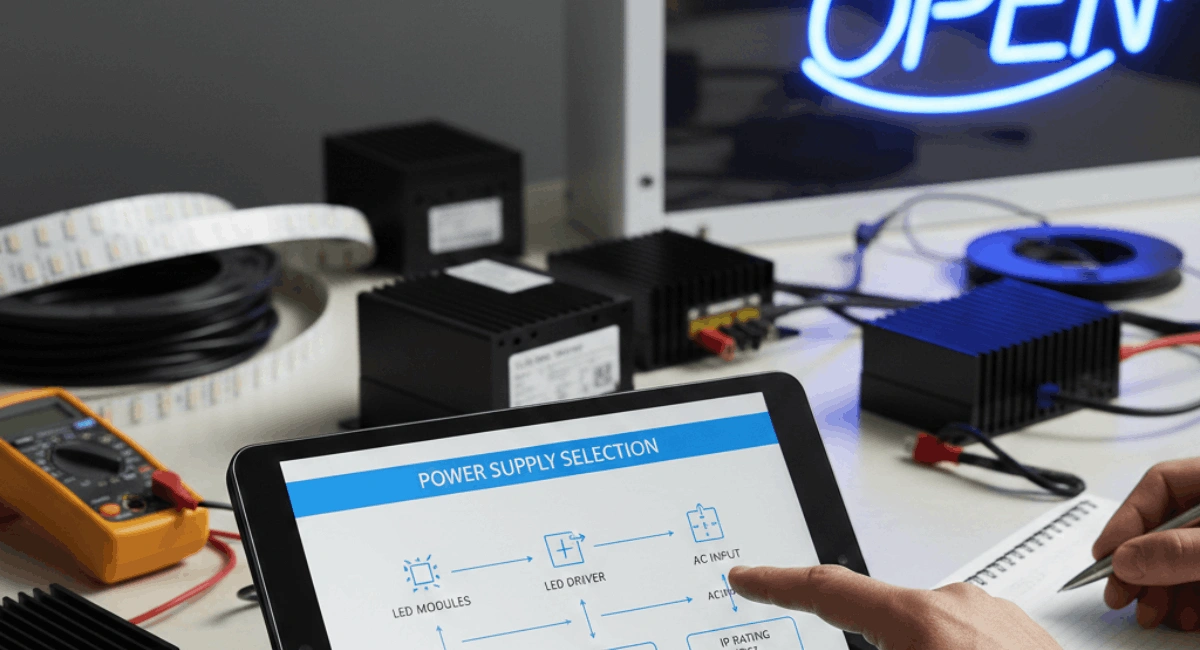 Power supply selection for LED signage showing stable power distribution for wall mounted LED display