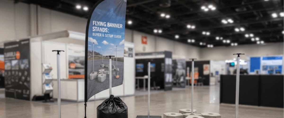 Different types of bases for flying banner stands including cross base, ground spike, water base, and square steel base