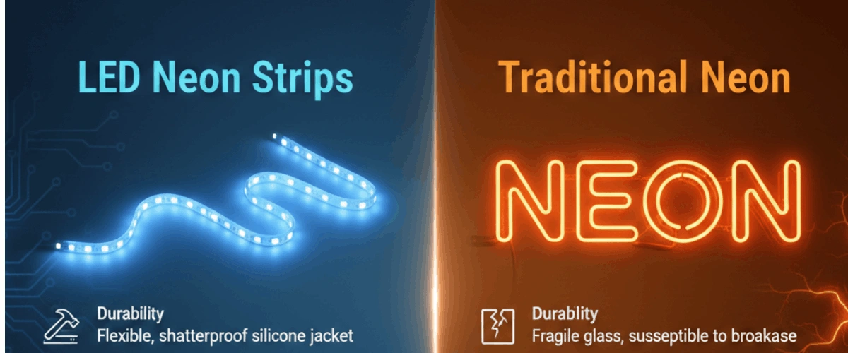 Comparison between LED neon strips and traditional glass neon sign lighting for indoor and outdoor use