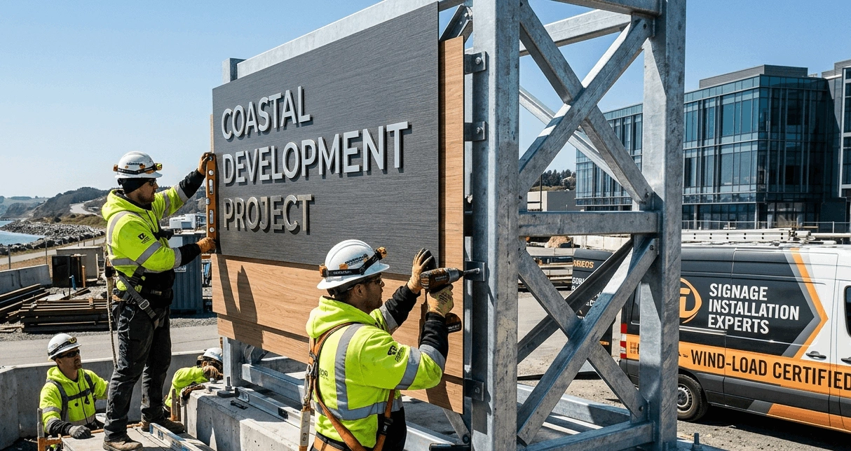 High wind resistant outdoor signage using aluminum and ACP materials installed on roadside in UAE
