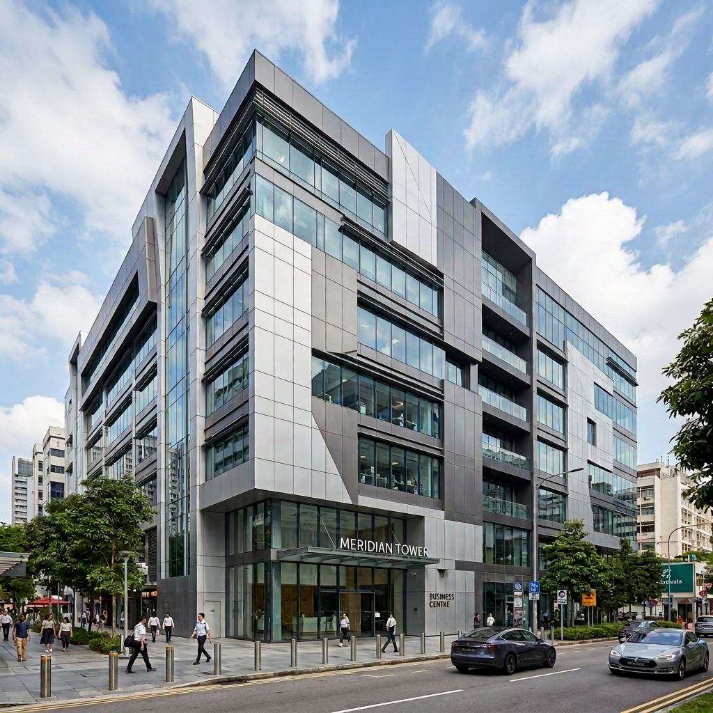 Meridian Tower business centre with glass windows and modern design
