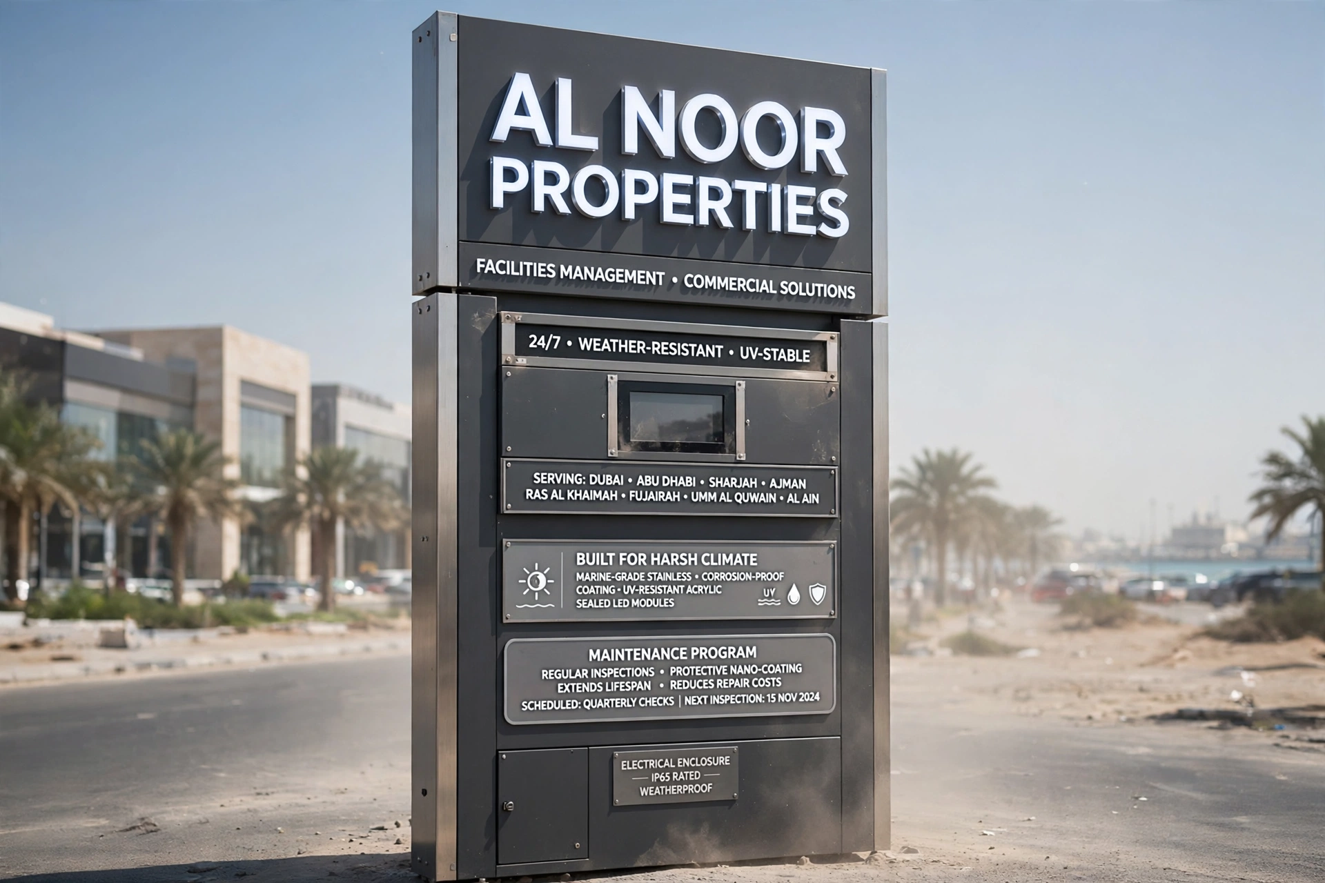 Outdoor sign board installed in Dubai with weather-resistant materials