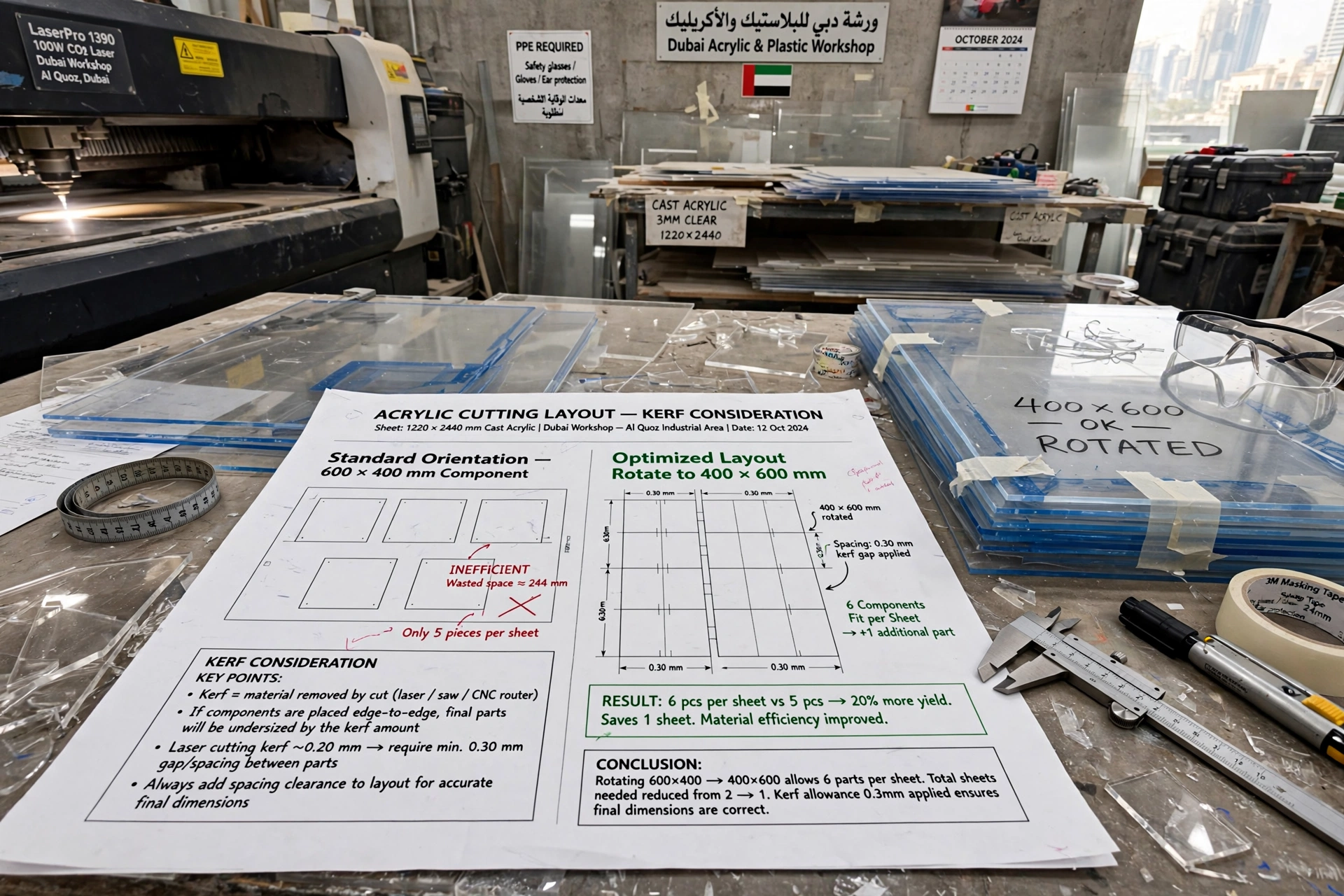 acrylic sheets arranged for an efficient cutting layout