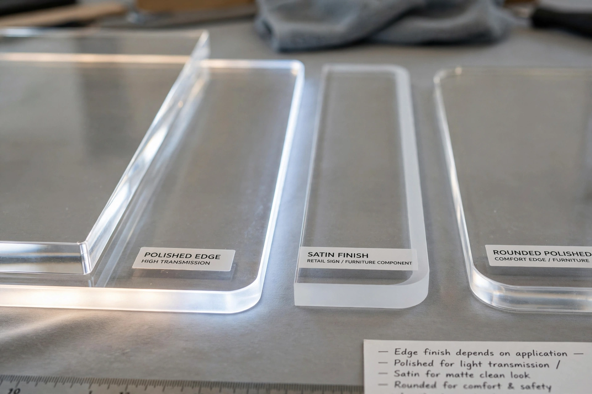 technician sanding acrylic sheet edges for a smooth surface