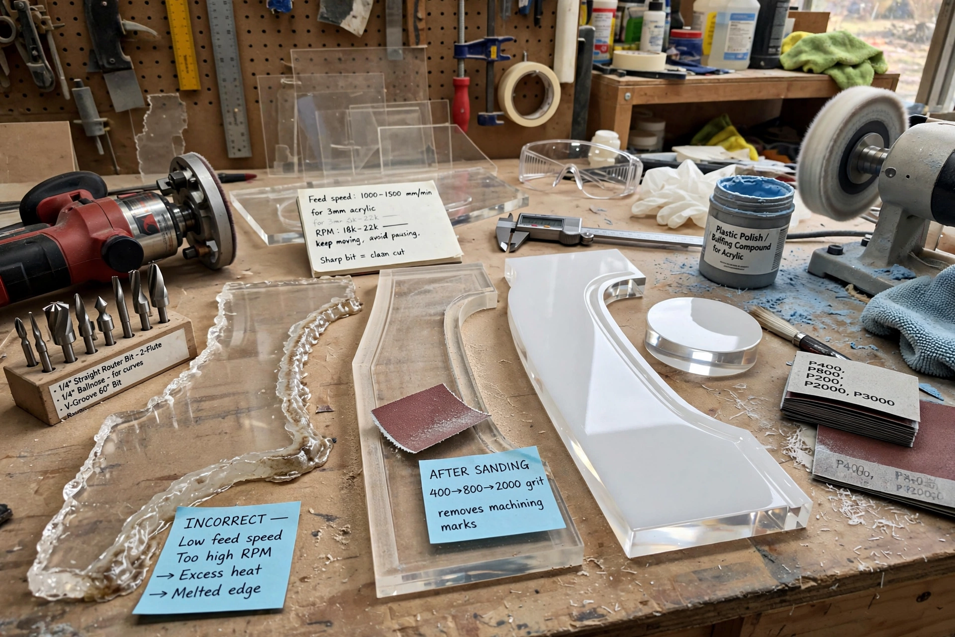 transparent acrylic panel undergoing edge polishing for a clear finish