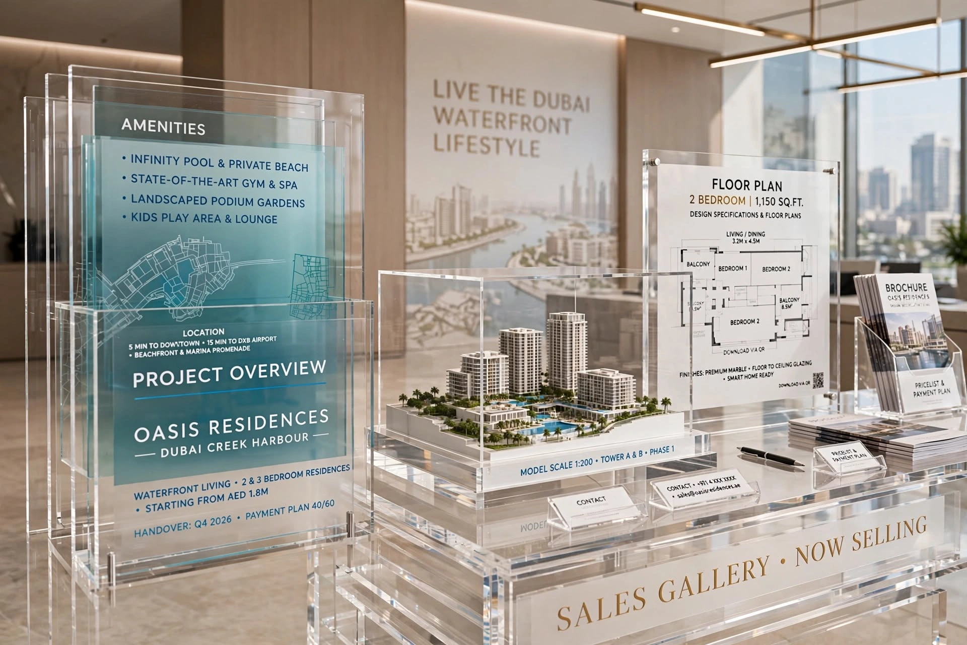 Acrylic property sign displaying development branding and project information