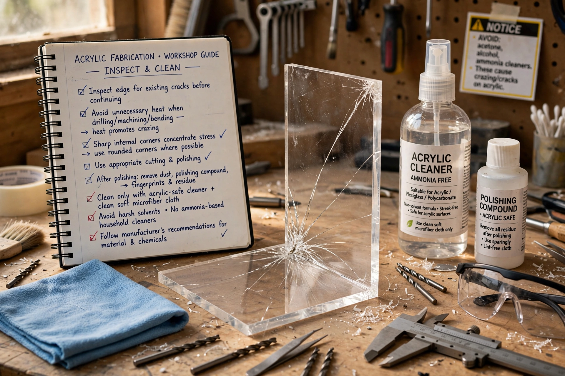 acrylic fabrication worker polishing a clear plastic panel edge
