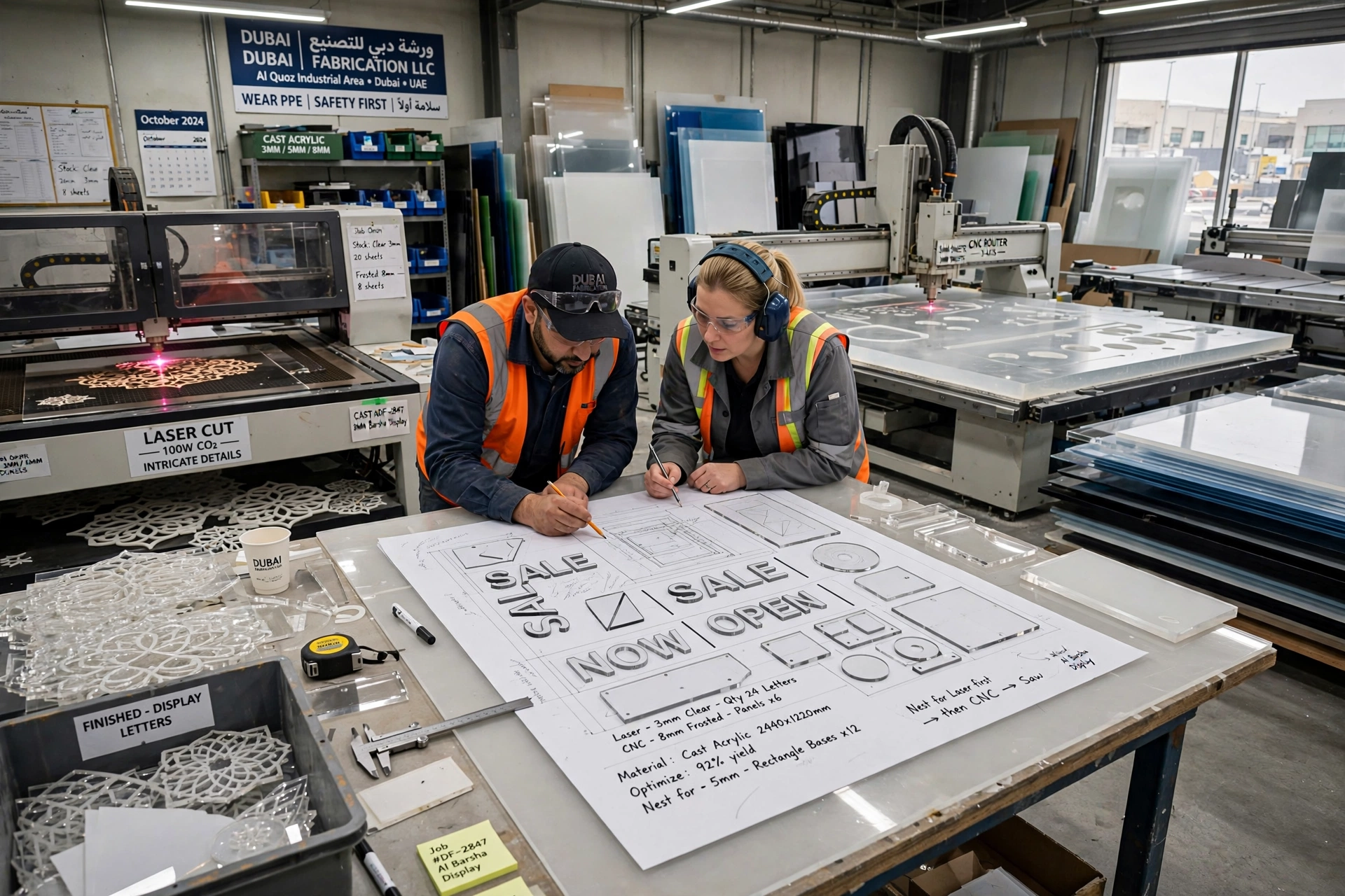 acrylic panels arranged in an efficient cutting layout to reduce material waste