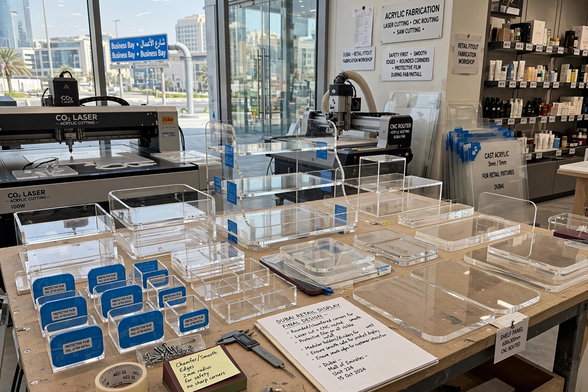 CNC cut acrylic panel with custom holes and shaped edges