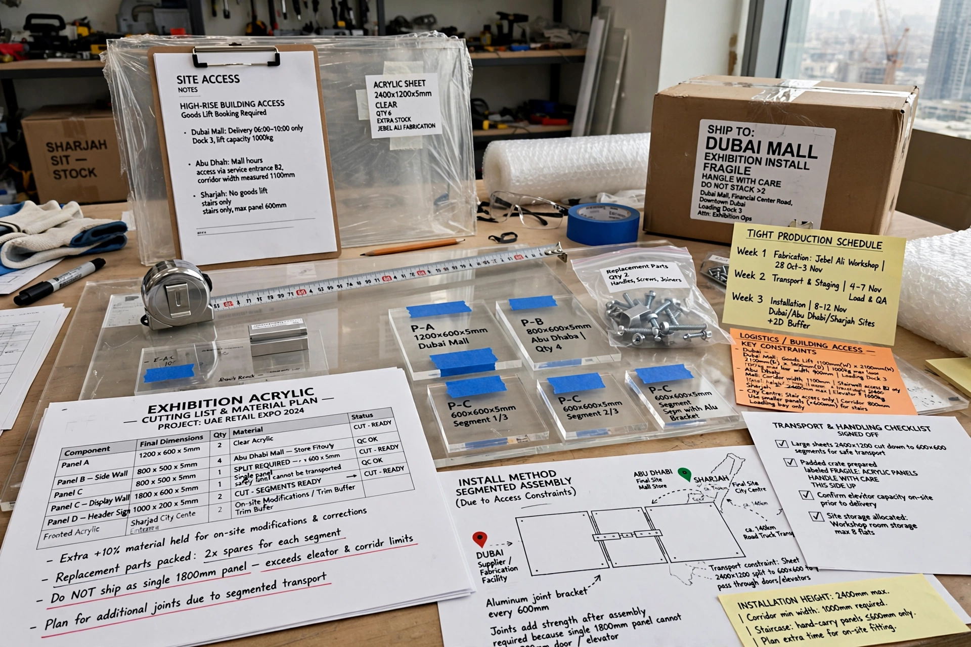 acrylic sheets being measured for cutting and fabrication