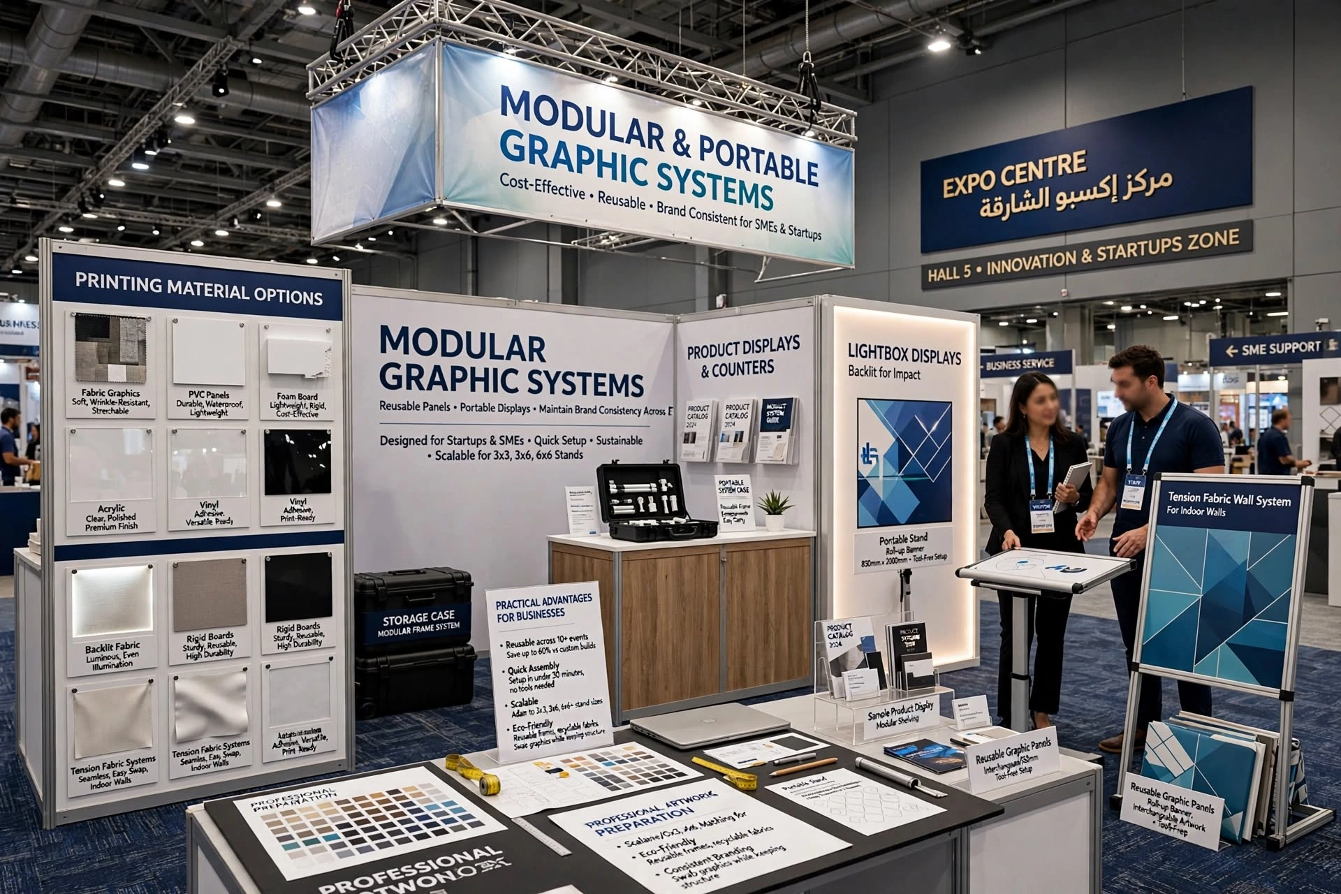 Professional wall graphics displaying a company's products, services and brand identity