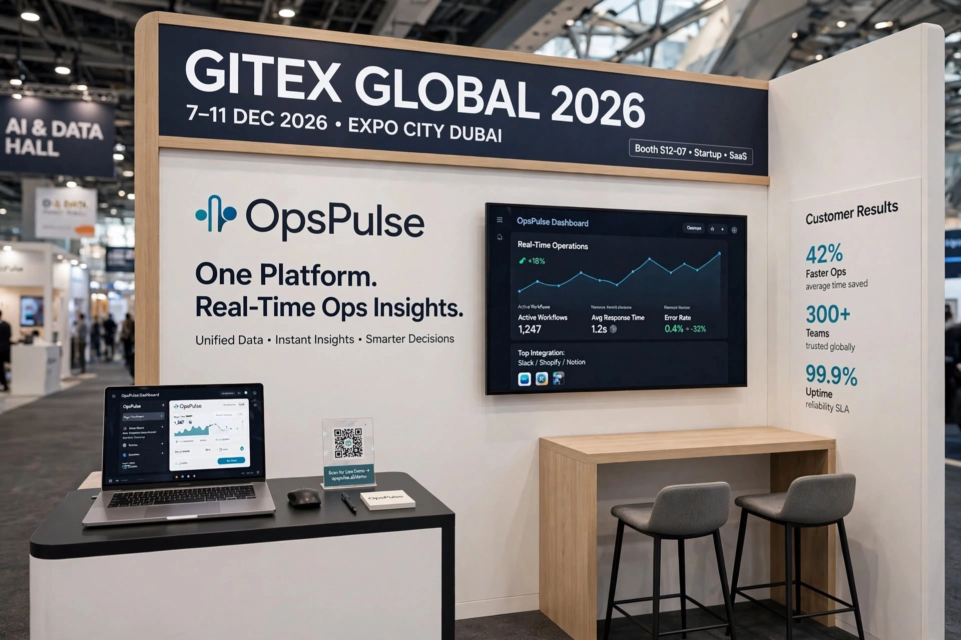 Artificial intelligence company booth featuring interactive digital technology at a Dubai exhibition