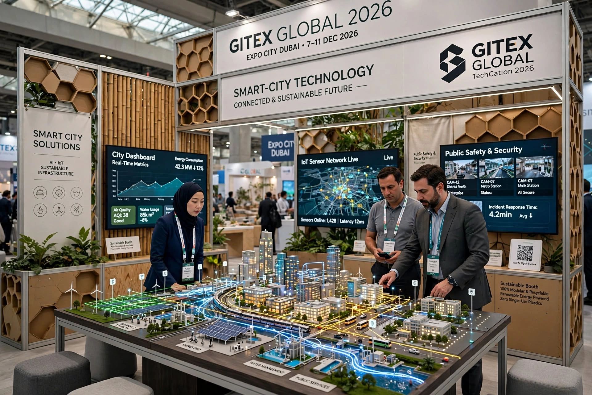 Cybersecurity technology exhibition booth with digital threat monitoring visuals