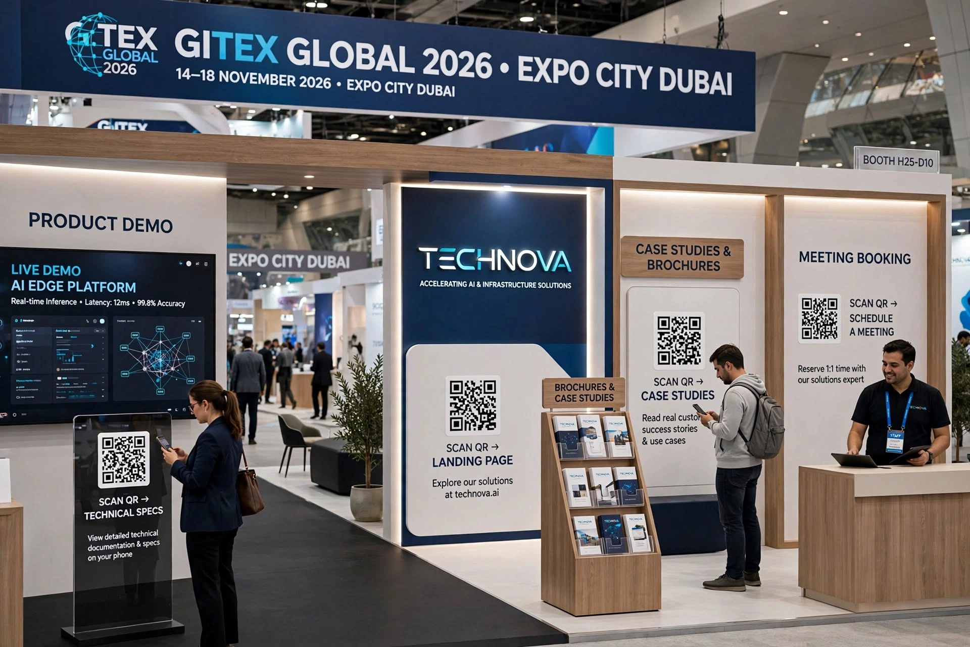 Large LED display showing product demonstrations inside a technology exhibition booth