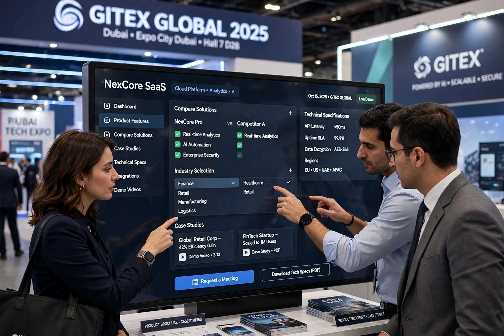 Innovative exhibition stand setup with digital signage and interactive displays for GITEX
