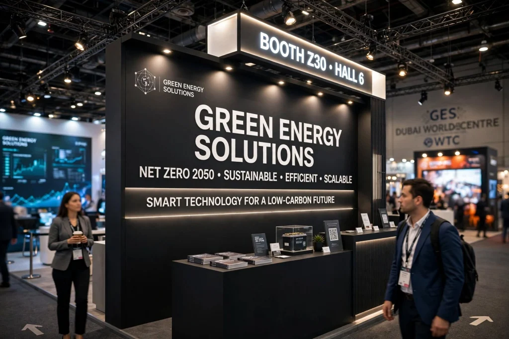 Branded graphics installed on an exhibition stand for a UAE business
