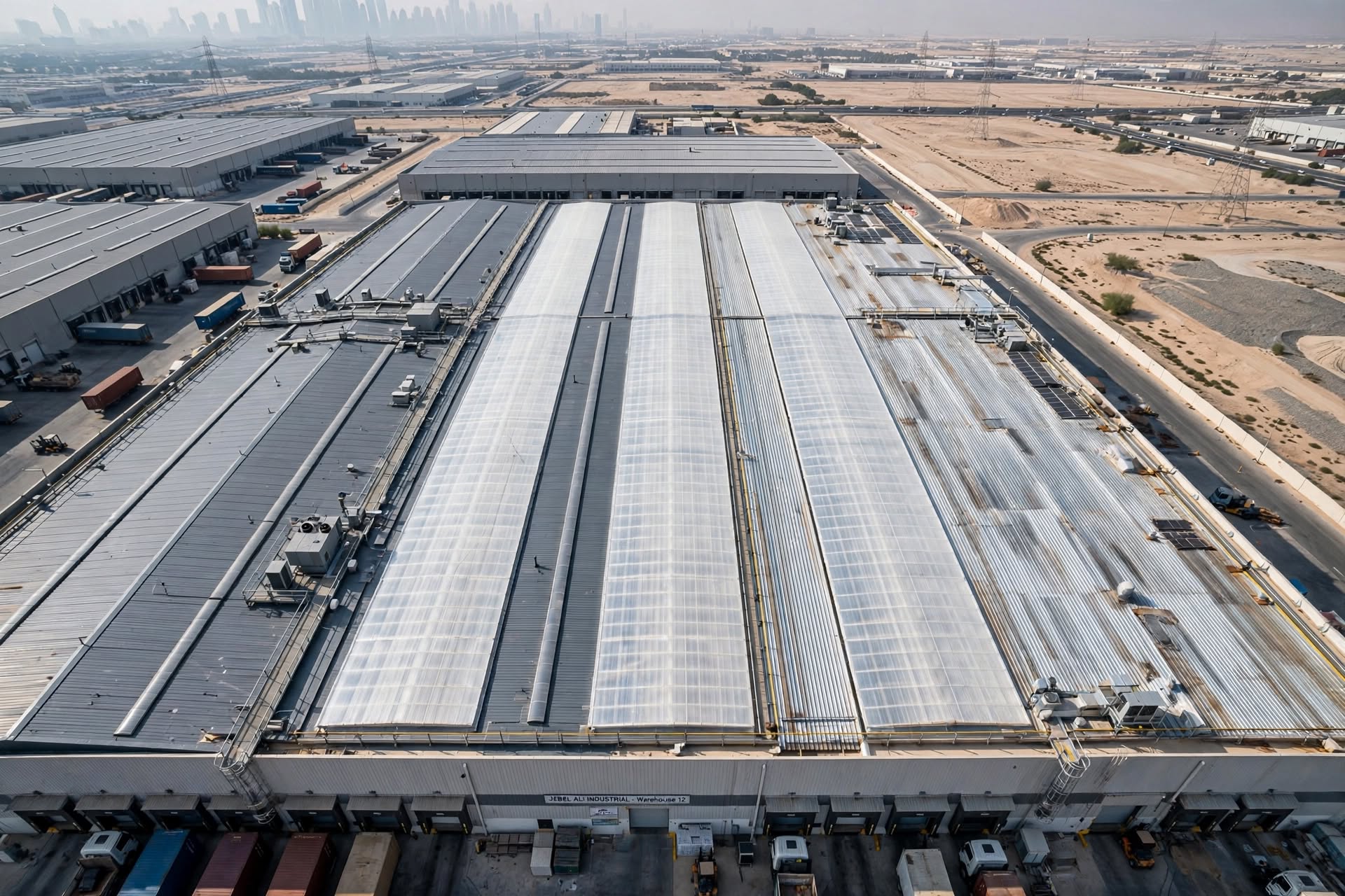 Lightweight polycarbonate roof panels installed over a commercial industrial facility