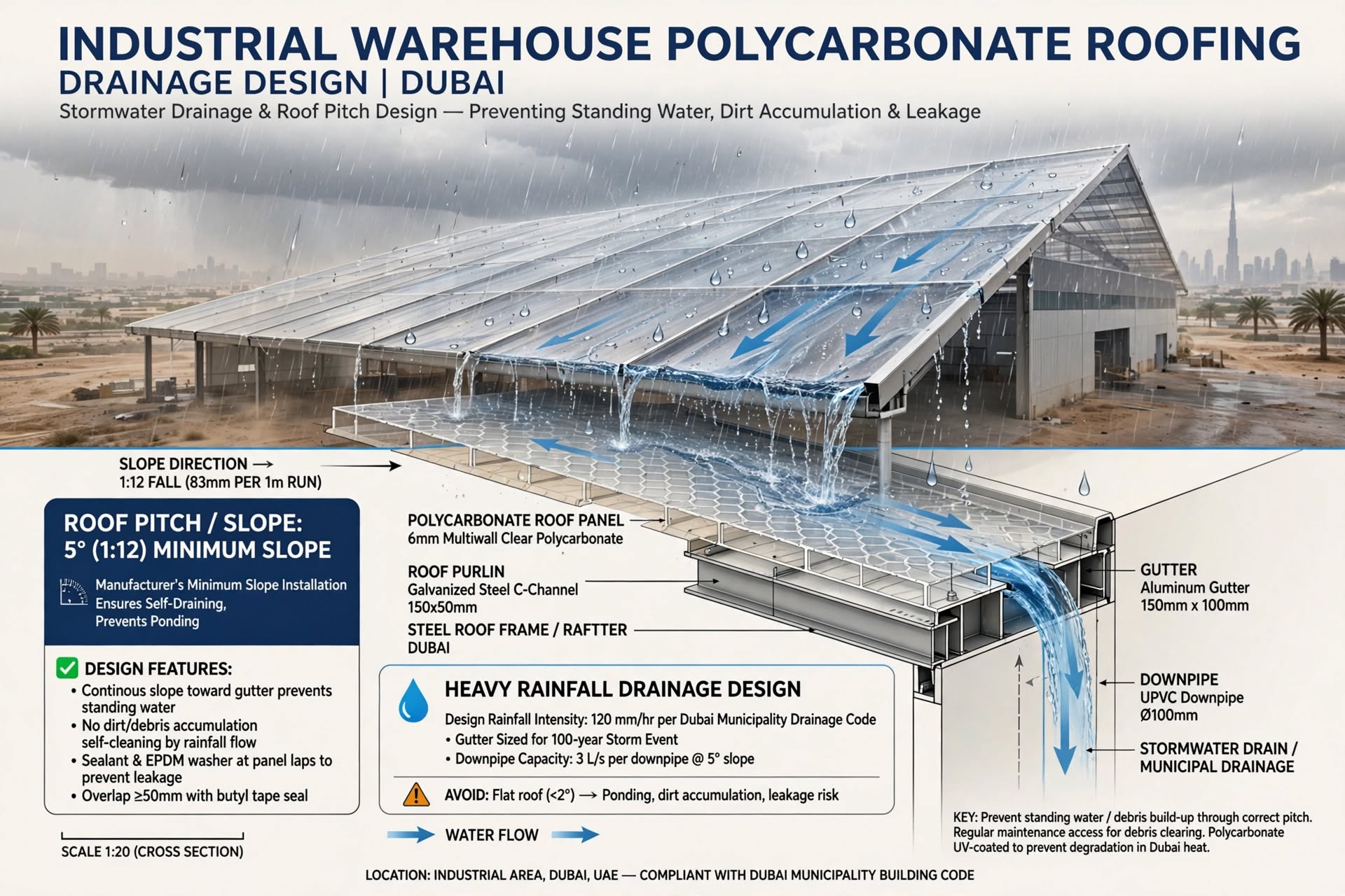 Solid polycarbonate sheets used for a durable industrial roofing application
