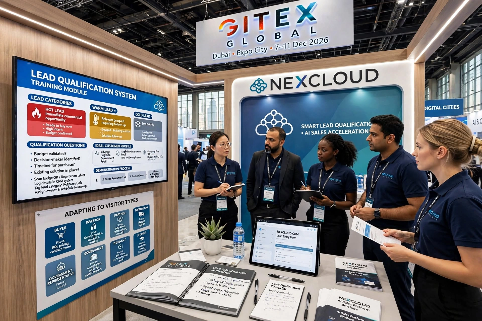 SaaS company exhibition booth with digital product demonstration screens