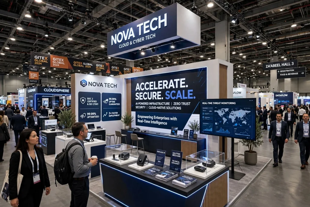 Professional exhibition booth graphics designed to attract visitors at a UAE trade show