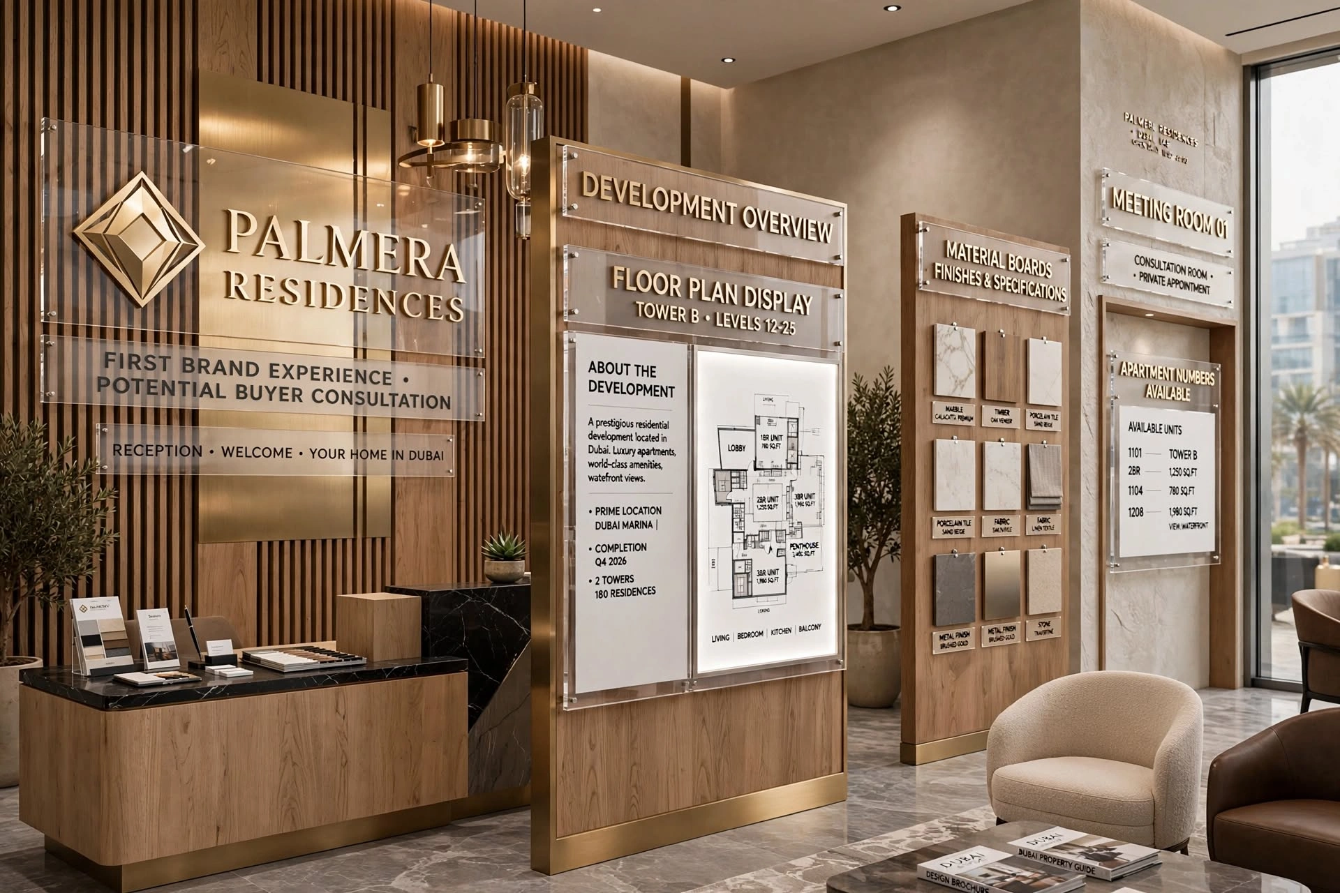 Acrylic branding elements incorporated into a real estate construction hoarding
