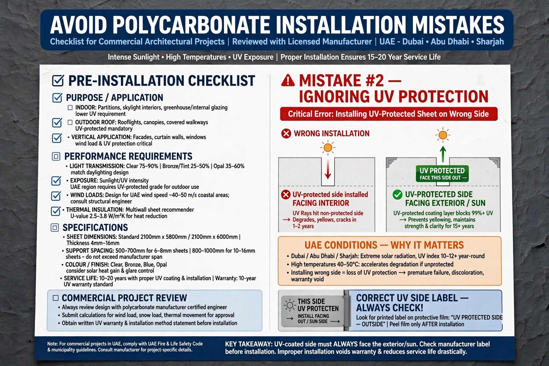 Polycarbonate sheets secured with compatible fasteners and washers