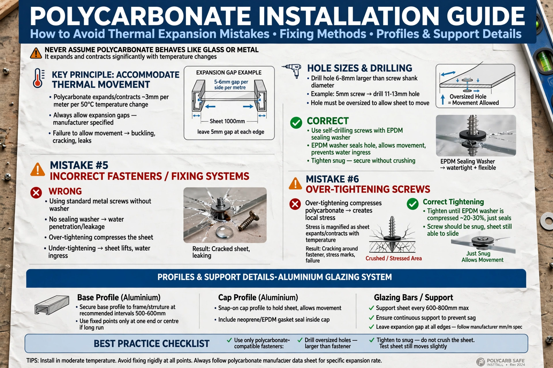 Proper drilling of polycarbonate sheets for secure installation