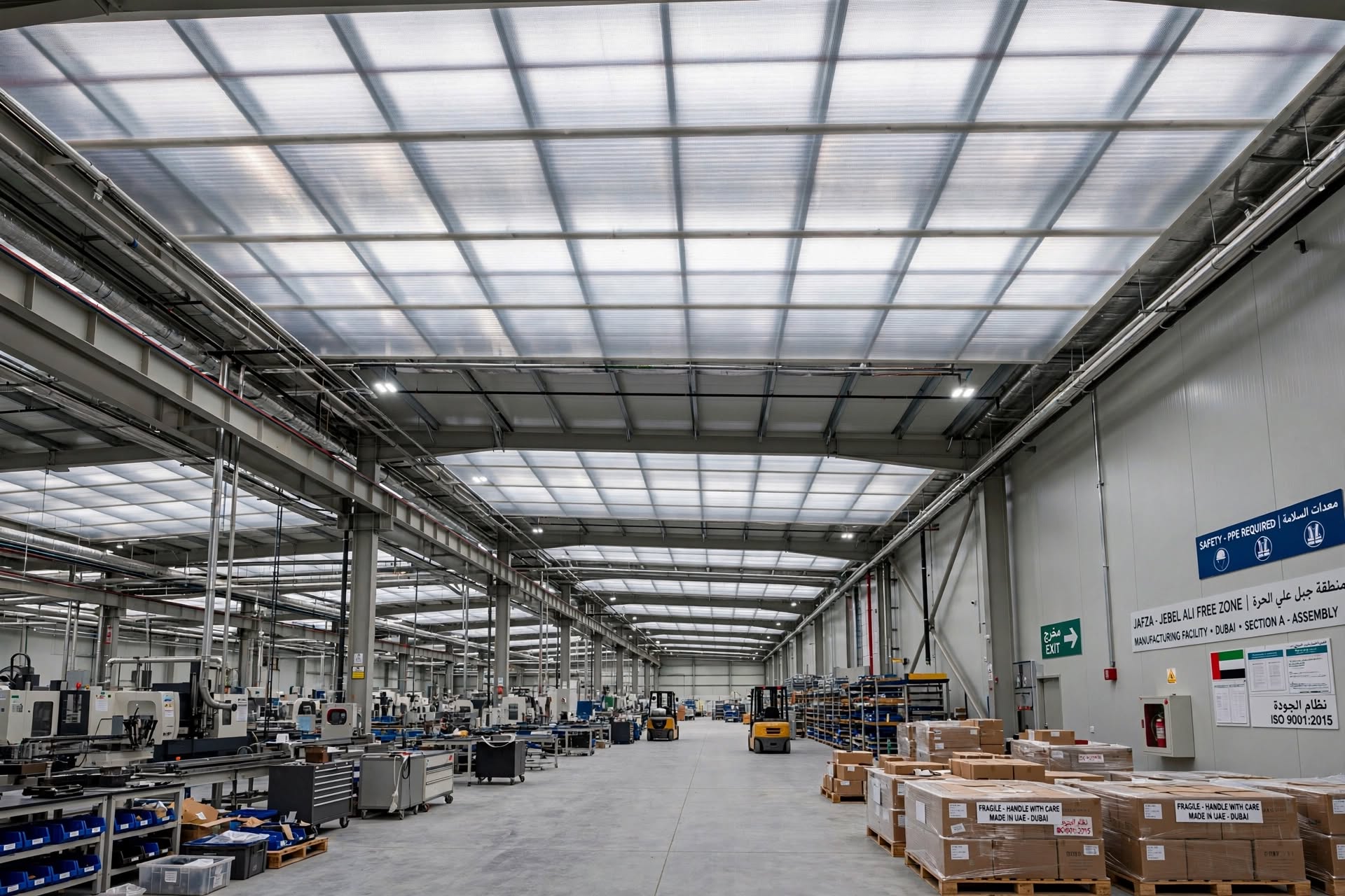 Polycarbonate roofing sheets installed on a large industrial building