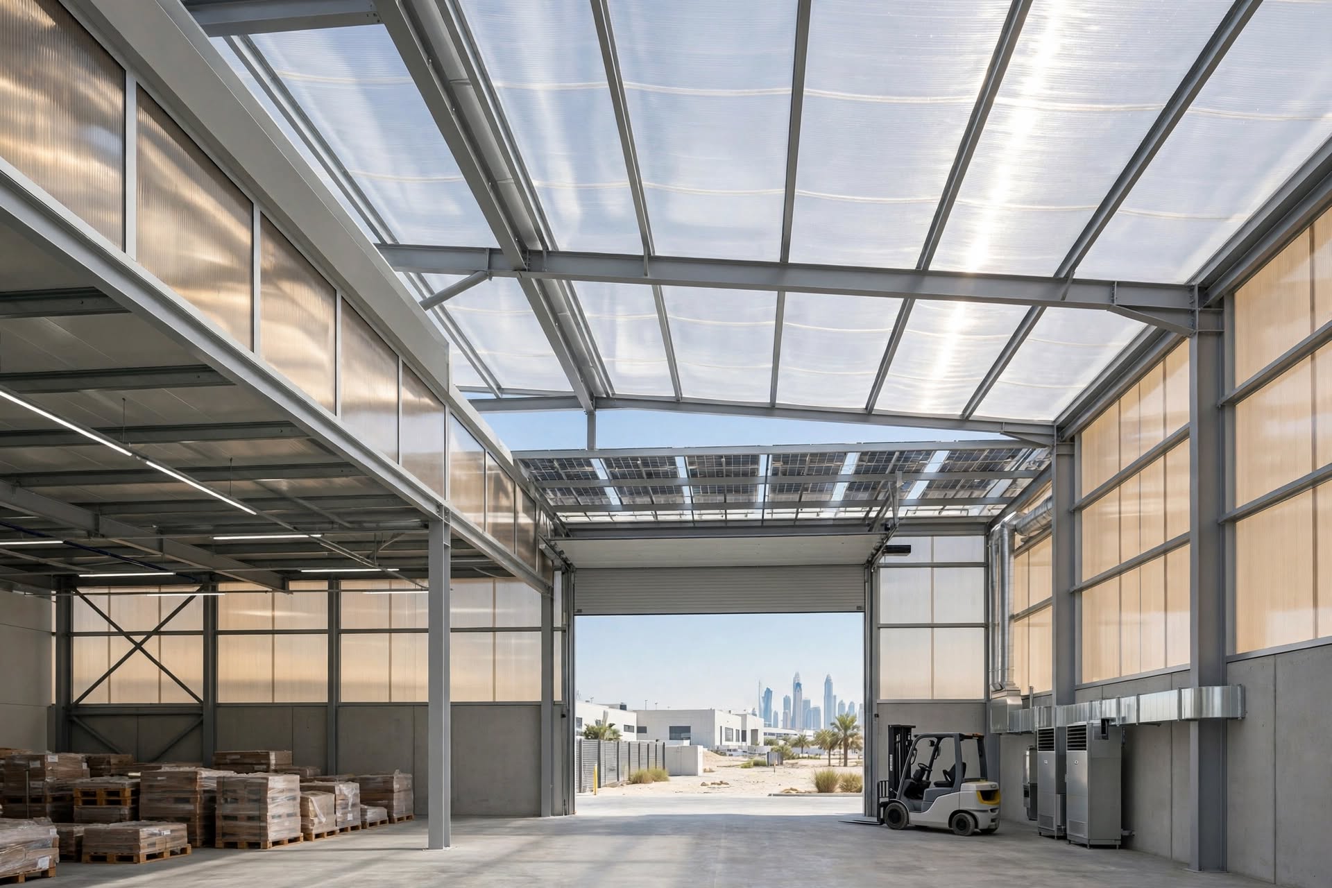 Factory building fitted with translucent polycarbonate roofing panels