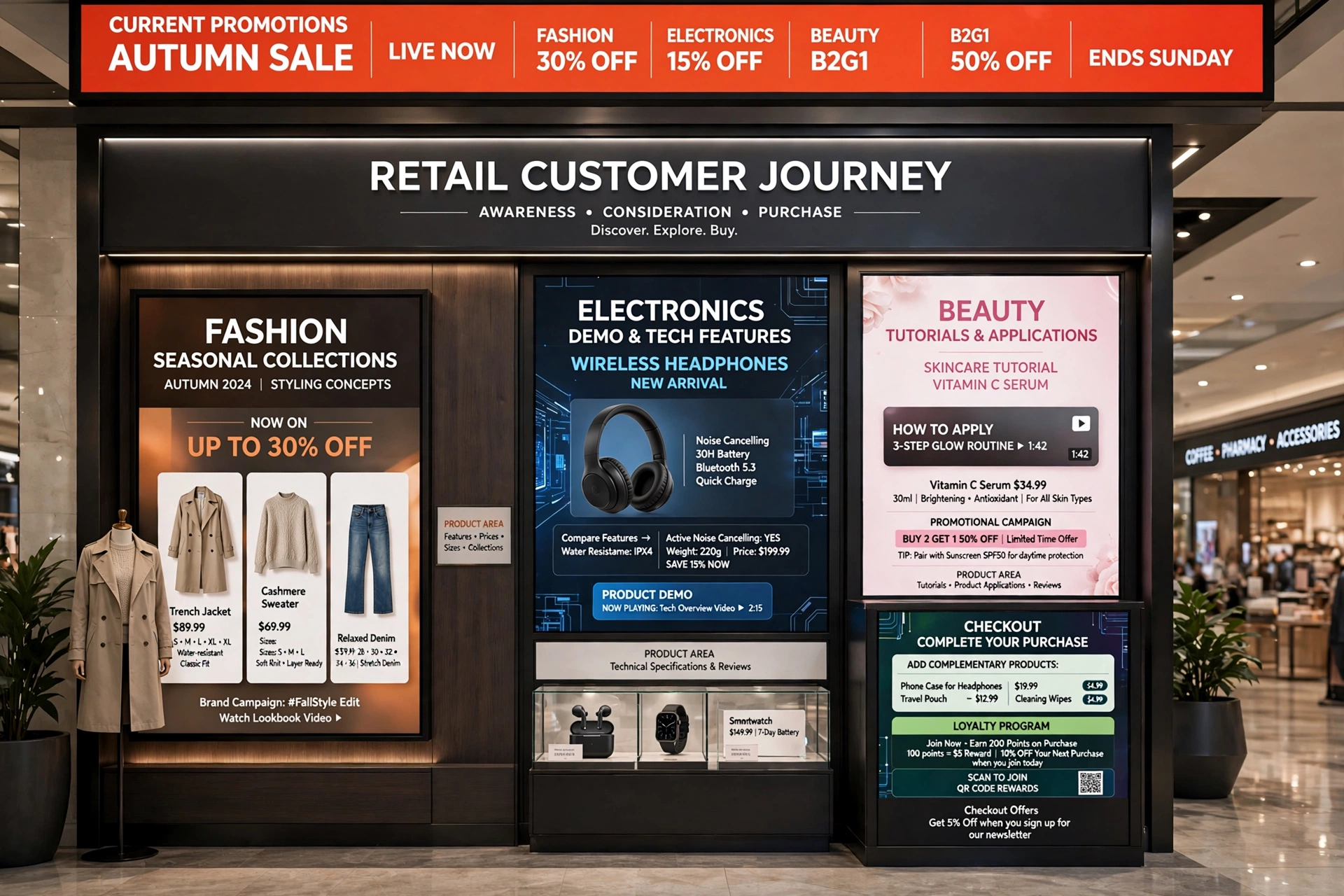 digital advertising screens inside retail store