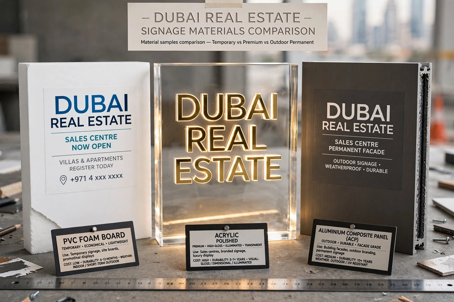 LED illuminated acrylic sign displaying real estate project branding