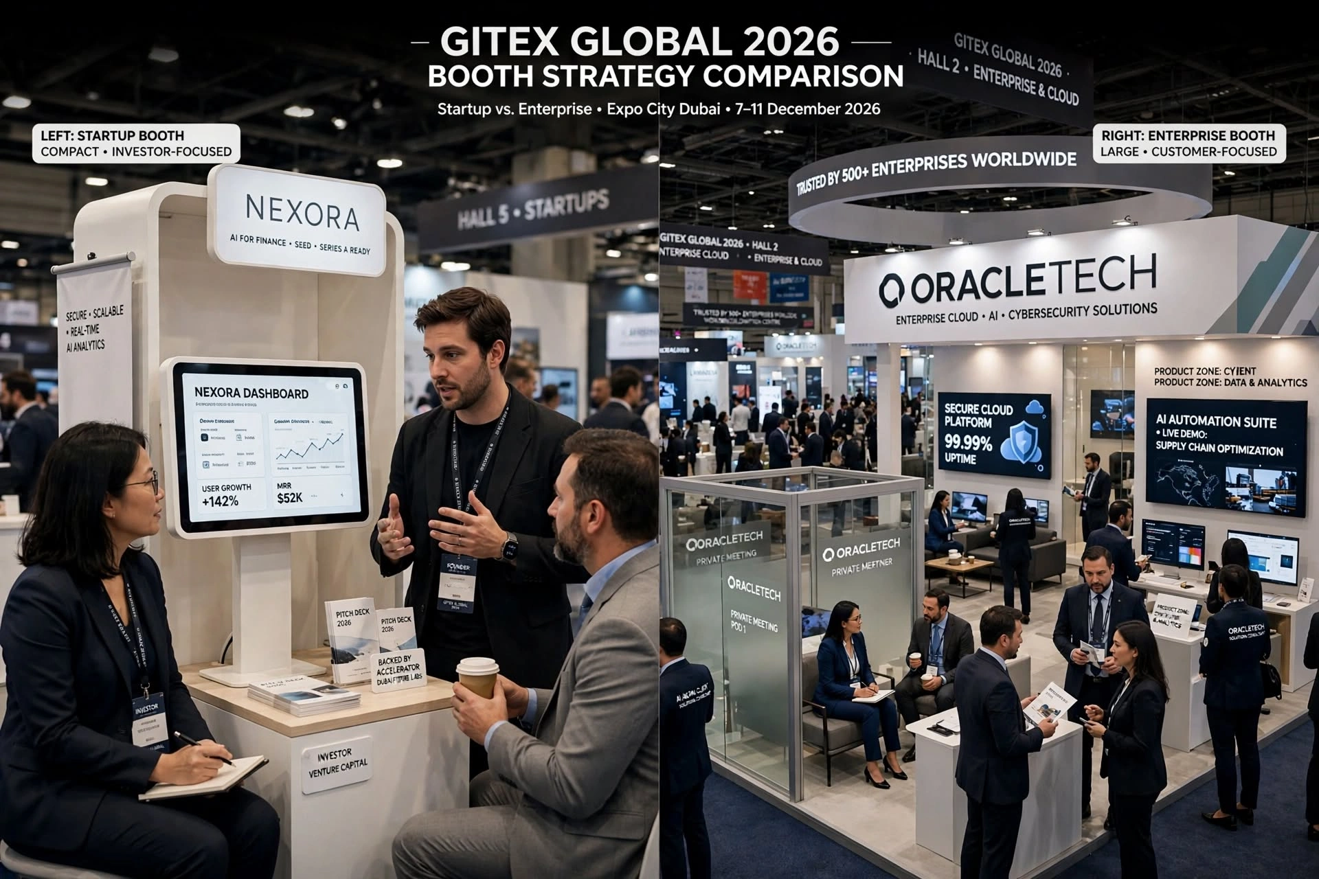 Branded technology exhibition booth showcasing digital displays in Dubai