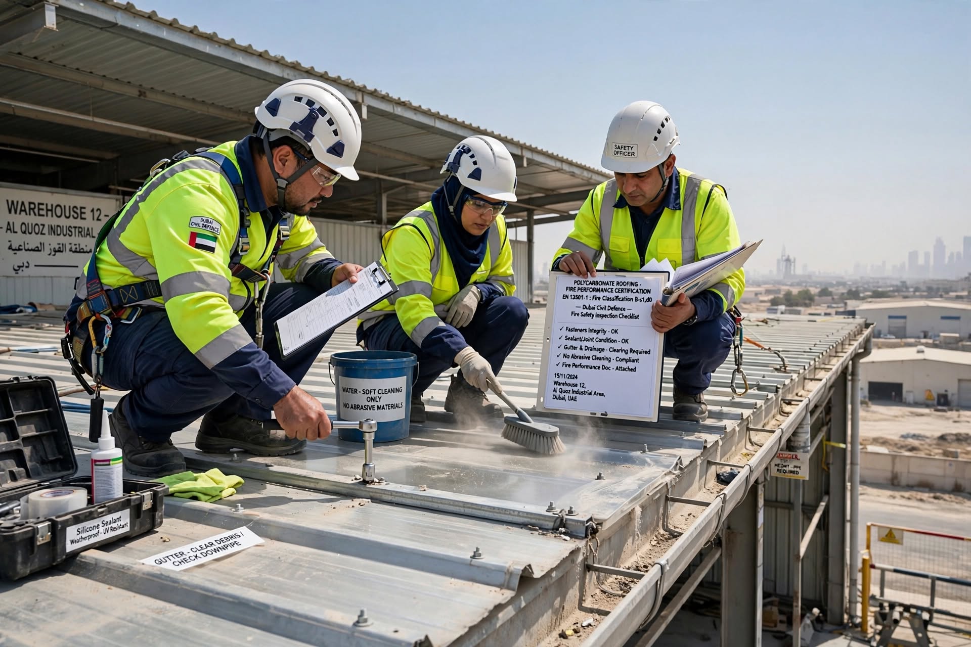 Corrugated polycarbonate roofing panels installed alongside industrial metal roofing