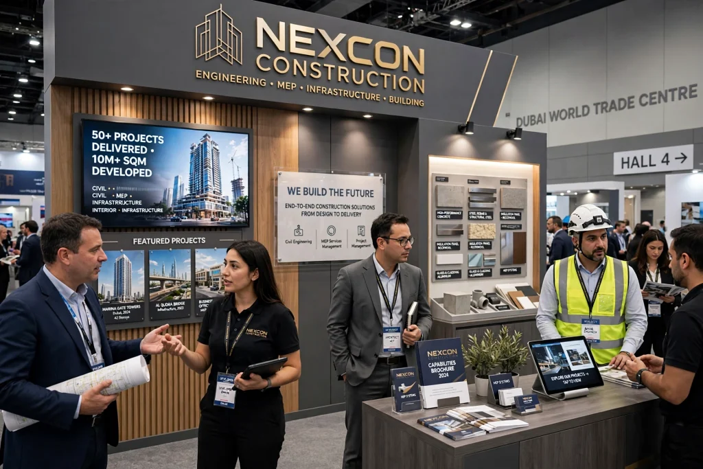 Branded construction company booth at a trade show