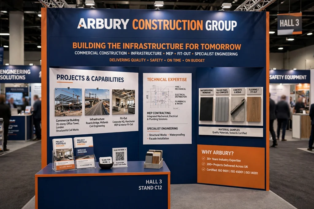 Modern exhibition booth designed for a construction company