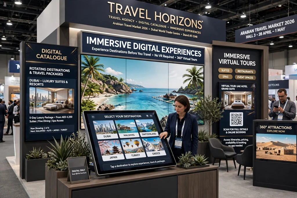 Digital map showing Dubai attractions on an exhibition touchscreen