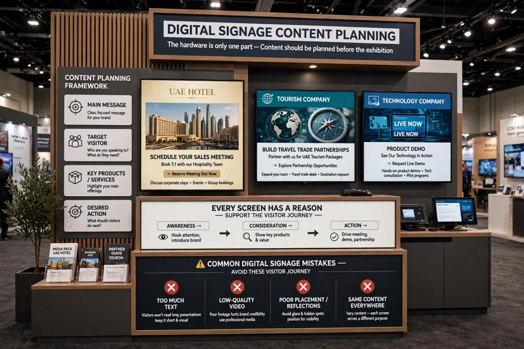 Travel technology exhibition booth with interactive digital screens