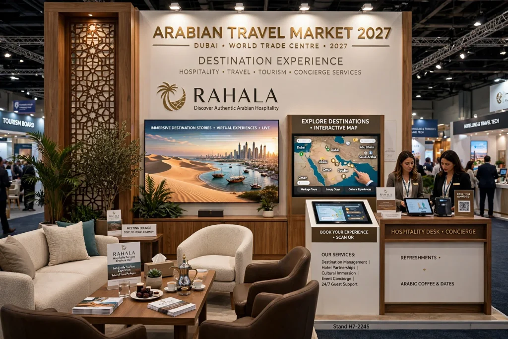 Professional tourism company booth at a Dubai trade show