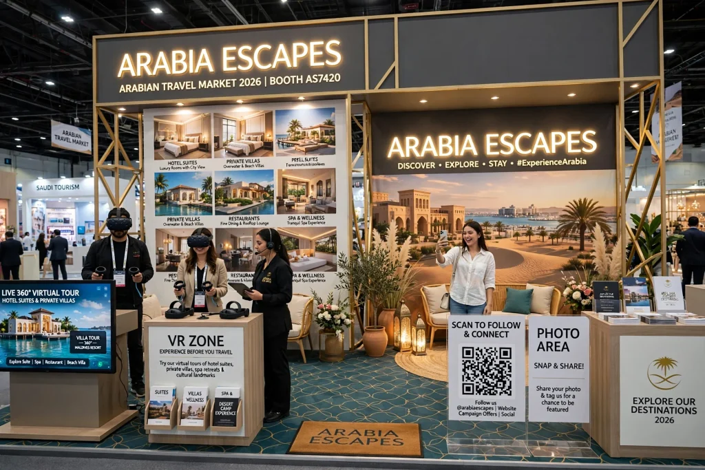 Large branded travel exhibition stand with digital displays