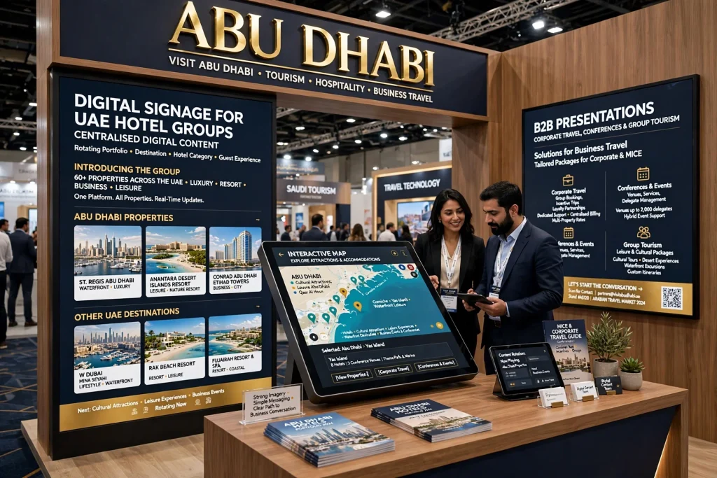 Digital destination video displayed on a UAE exhibition stand