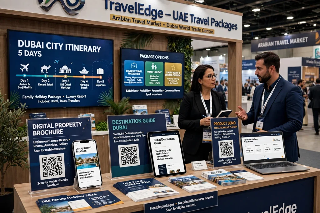 LED screen showing Dubai tourism content at an exhibition booth
