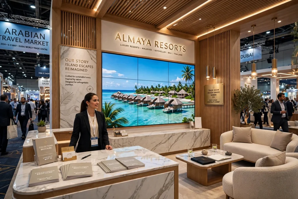 Modern hotel exhibition booth at Arabian Travel Market Dubai