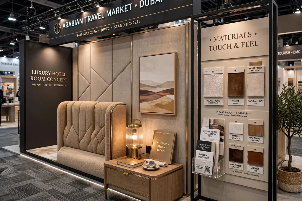 Hotel exhibition booth with LED screen and destination imagery