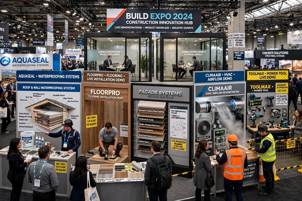 Architectural exhibition stand design for a construction company with structural elements