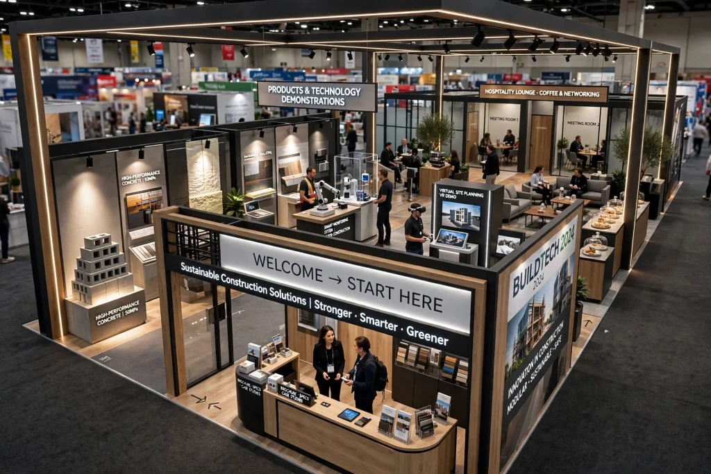Large construction company exhibition stand with modern architectural features