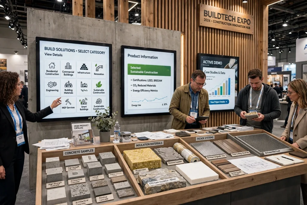 Construction company exhibition booth featuring structural frames and contemporary materials