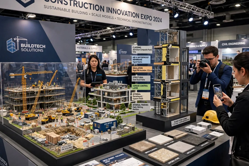 Professional construction exhibition booth with steel-inspired structures and concrete finishes